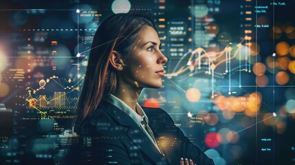 confident businesswoman in a suit with graphs and charts overlaid, symbolizing data-driven decision-making and strategic planning.