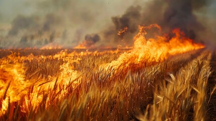 wheat crop on fire with smoke during the day in high resolution and high quality. crops concept