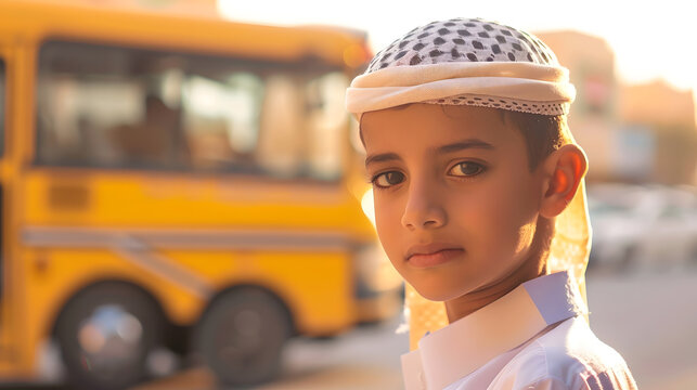 Emirati student near yellow school bus Arabic boy in UAE kandura dishdash : Generative AI