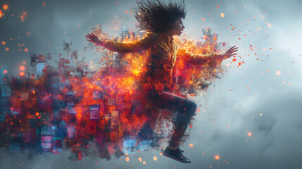 A Woman Embraces the Digital World, Her Figure Blurring Into a Cityscape Illuminated by Fiery Pixels