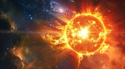 giant sun making a global eruption in space aimed at the planets