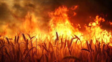 wheat crop on fire with daytime smoke in high resolution and high quality. concept crops, fire, fire, nature, oxygen