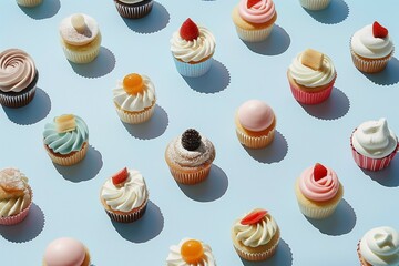 A selection of various cupcakes with colorful icing and toppings neatly arranged against a pastel blue background