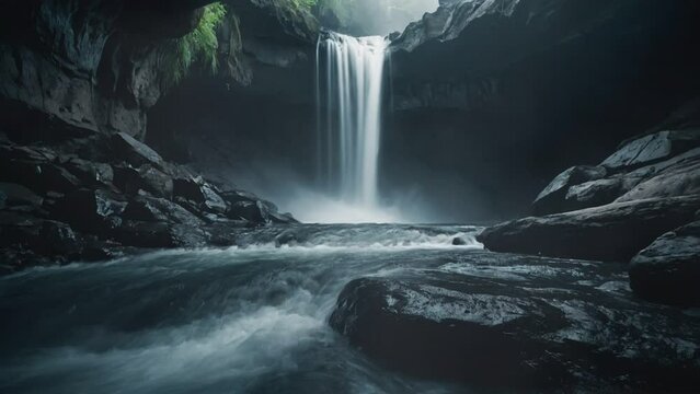 waterfall in the mountains, seamless looping animation video background 