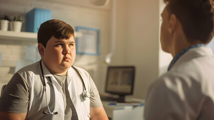 Fototapeta premium Overweight boy consulting with doctor in office : Generative AI