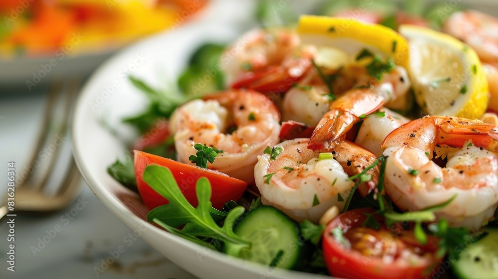 Wall mural high quality image of a shrimp and vegetable salad with lemon dressing