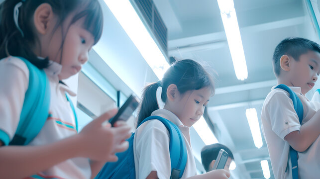 Group of kids busy using mobile phone at school corridor  concept of socil media smartphone technology and gaming addiction : Generative AI