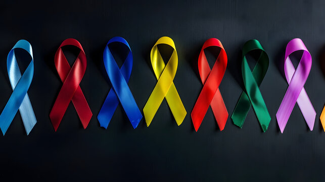 World cancer day February 4 colorful awareness ribbons blue red green black grey white pink and yellow color for supporting people living and illness Healthcare and medical concept : Generative AI