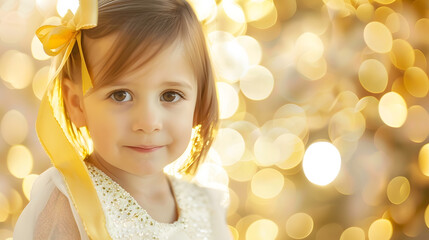 Fototapeta premium Little girl with golden ribbon on light background Childhood cancer awareness concept : Generative AI