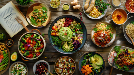 Savoring the Rainbow: An Array of Vibrant Vegan Dishes on a Rustic Table