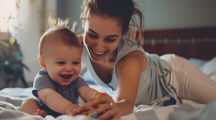 Happy mother and baby boy playing games at home Attractive cheerful Latin female clasping hands with her infant son sitting on bed enjoying nice time together Fun leisure and activity  : Generative AI