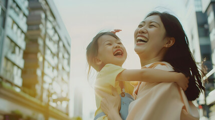 Happy southeast Asian mother with her daughter having fun in the city center Lovely family outdoor : Generative AI
