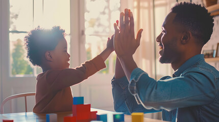 Happy young african American father and little ethnic son give high five playing together with bricks at home overjoyed biracial dad and small boy child celebrate kid achievement learn : Generative AI - Powered by Adobe