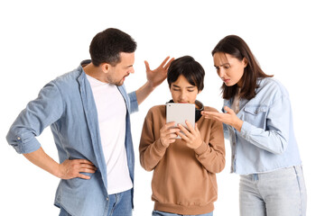 Teenage boy with tablet computer and his arguing parents on white background. Family problem concept