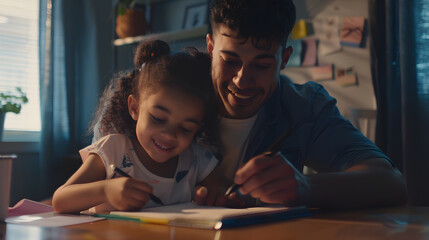 Smiling young european man helping little adopted african american daughter with homework sitting together at table Happy small biracial child girl involved in doing school tasks with  : Generative AI - Powered by Adobe