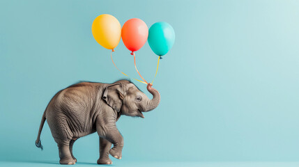Baby elephant holding a balloons on a simple background