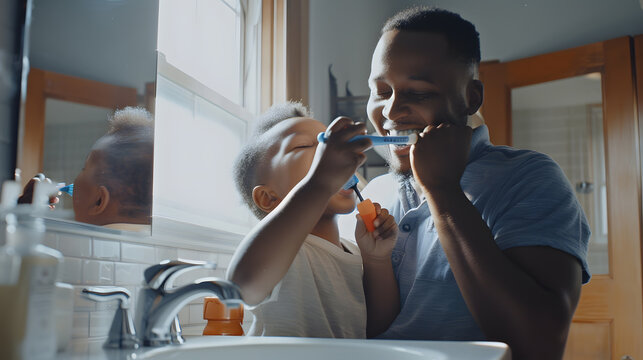 A loving father is holding his son in the arms and brushing their teeth together in a bathroom : Generative AI