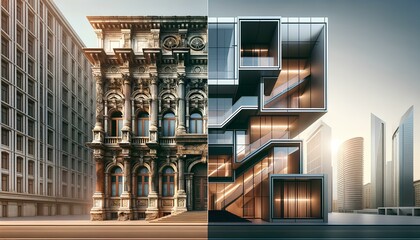 comparison of an old classical building and a modern architectural structure