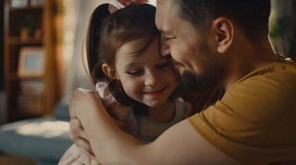 Young parents comfort their cute daughter Beautiful woman hugs and talks to little girl in living room at home Dad and mom take care of their child Tender moment family support and und : Generative AI