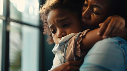Black woman hugging her scared daughter while attending child psychologist african american mother and child teenager having therapy session with male psychotherapist PTSD in children : Generative AI