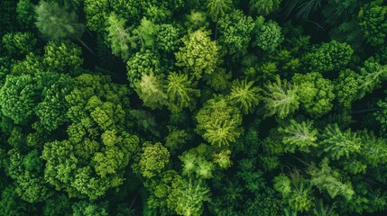Capture a stunning aerial perspective of lush green trees in a forest with a drone showcasing how...