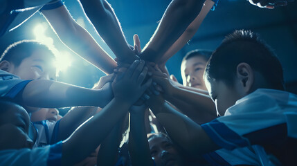 Sports team stacking hands together in a group Happy children teammates motivated in a team Team building activities and boosting sports players morale Schoolboys building team spirit  : Generative AI