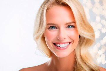 Woman with blonde hair and blue eyes looking at the camera smiling on a white background