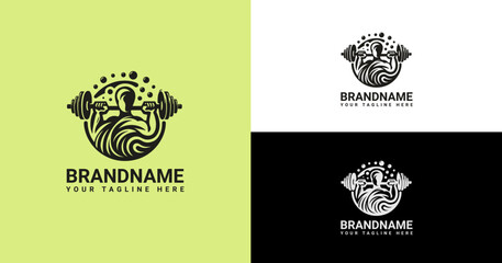 Muscular Figure Lifting Weights Logo Template in Black and White