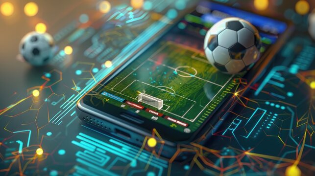 soccer betting interface with a live match, surrounded by colorful digital graphics representing real-time analytics. 