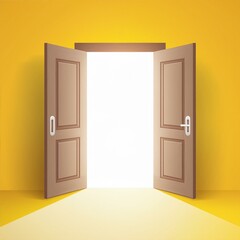 Open the door. Symbol of new career, opportunities, business ventures and initiative. Business concept. 3d render, white light inside open door isolated on yellow background. Modern minimal concept.