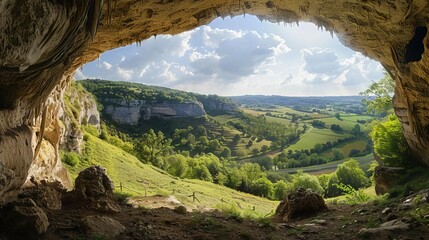 A panoramic view of the Lascaux valley, showing the cave entrance and the surrounding lush landscape, hinting at why this location was chosen for the art, Close up