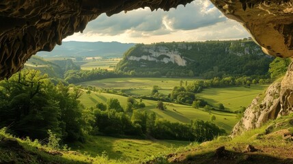 A panoramic view of the Lascaux valley, showing the cave entrance and the surrounding lush landscape, hinting at why this location was chosen for the art, Close up