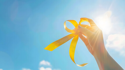 Hands holding yellow gold ribbon over blue sky Sarcoma Awareness Bone cancer childhood cancer awareness September yellow World Suicide Prevention Day endometriosis day concept : Generative AI