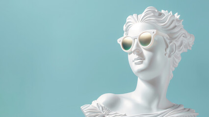 A white marble statue of ancient greek goddess wearing sunglasses on a blue background with copy...