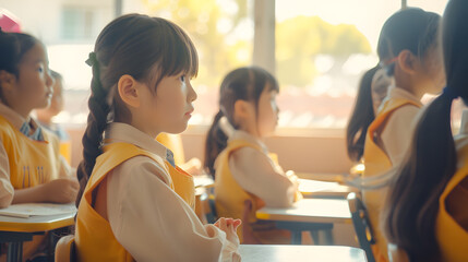 Sideview ofschool childrensitting inarowon desksunderselective focusas they takea testintheclassroomwhile the supervisor iswalkinginthebackground : Generative AI - Powered by Adobe