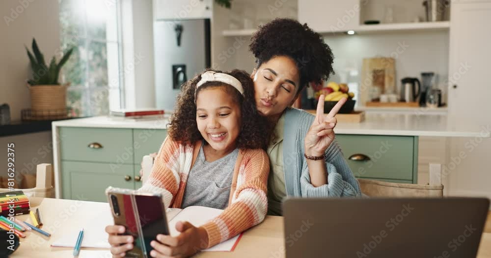 Sticker Education, remote work and selfie with family in dining room of home for bonding or peace sign photograph. Laptop, tablet or technology with mother and daughter in apartment for business or study