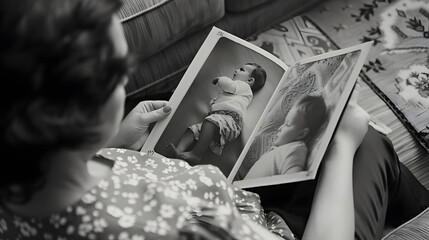 Memories of childhood nostalgia of youth concept Closeup of caucasian woman looking at her baby vintage photo while sitting on sofa indoors Selective focus on monochrome retro pictures : Generative AI