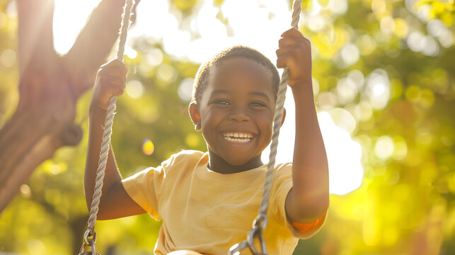 Happy african american boy swinging on tree swing in garden copy space childhood autumn and leisure unaltered : Generative AI