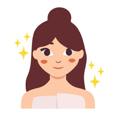 A smiling young woman looks in the mirror after a shower and does her morning facial treatments. Skin care and beauty. Flat vector illustration.