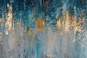 The abstract picture of the gold, blue and black colour that has been painted or splashed on the white blank background wallpaper to form random shape that cannot be describe yet beautiful. AIGX01.