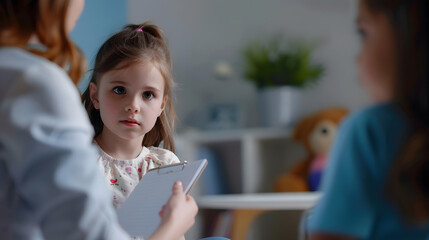 Closeup of doctor psychologist holding paper notebook making notes while talking with small girl at psychological therapy session meeting blur defocused little kid patient : Generative AI