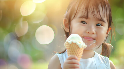Cute happy baby girl are eating ice cream in summer Picture for concept of sweet fat obesity and diabetes in childrenSoft focus : Generative AI