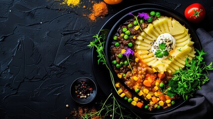 A rustic serving of vegetarian shepherd s pie with a top text area for a comforting quote