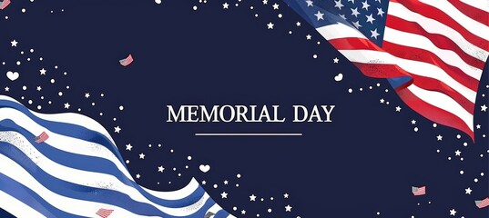 Minimalistic background for a collage. A lonely day with an American flag and text MEMORIAL DAY on a dark blue background