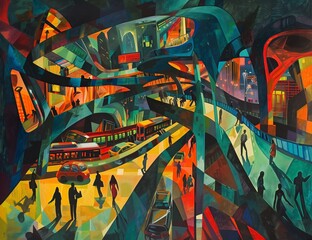 A surreal painting of a maze of a multilayered underground city with people, cars and public transport. From the series �Arcs Circles Grids.�