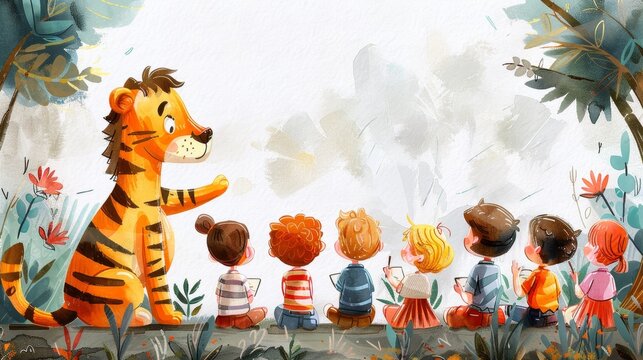 A cartoon tiger is talking to a group of children in a forest. The tiger is smiling and the children are all looking at him attentively.