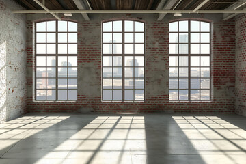 Interior Industrial Loft Space, Empty Wall Mockup With Exposed Brick Walls And Large Windows, 3d Render Real Room Template