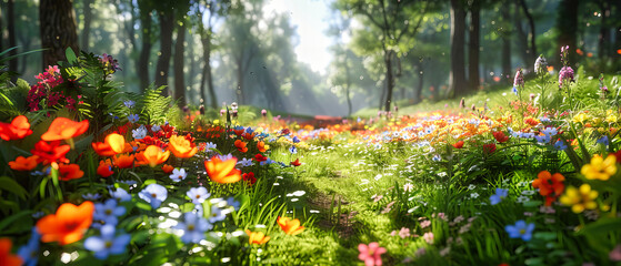 Spring Landscape with Blooming Crocuses and Daisies, Fresh Meadow Under a Sunny Sky, Vibrant...
