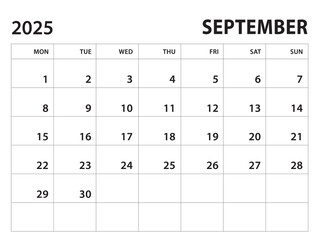 Calendar 2025 template - September 2025 vector on white background, week start on monday, Desk calendar 2025 year, Wall calendar design, corporate planner template, clean style, horizontal template