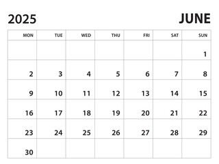 Calendar 2025 template - June 2025 vector on white background, week start on monday, Desk calendar 2025 year, Wall calendar design, corporate planner template, clean style, horizontal template
